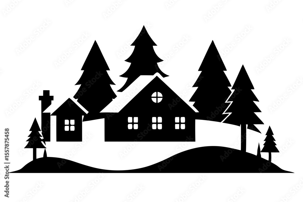 Fototapeta premium Rustic Winter Village Silhouette for Seasonal Landscape Art