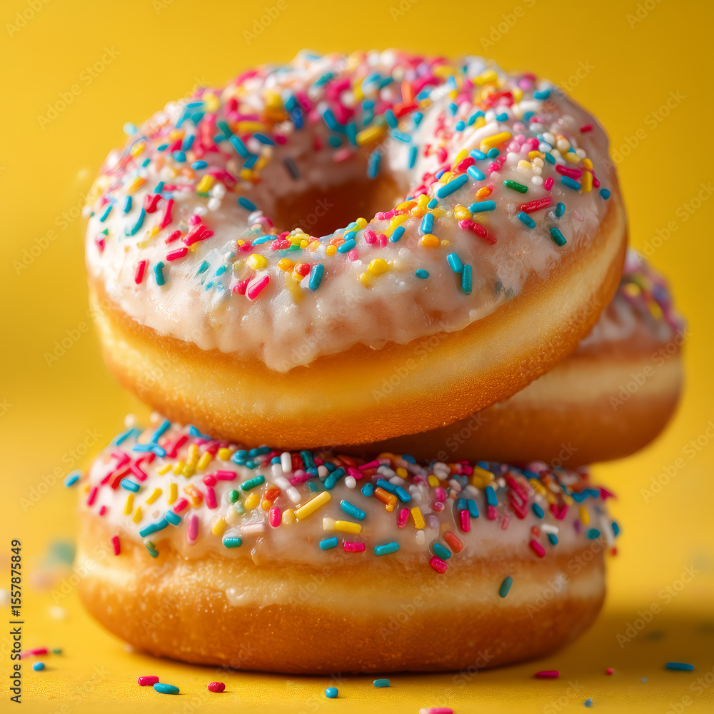 Stack Of Three Sprinkled Doughnuts On Yellow Background Stack Of Three Sprinkled Doughnuts On Yellow Background