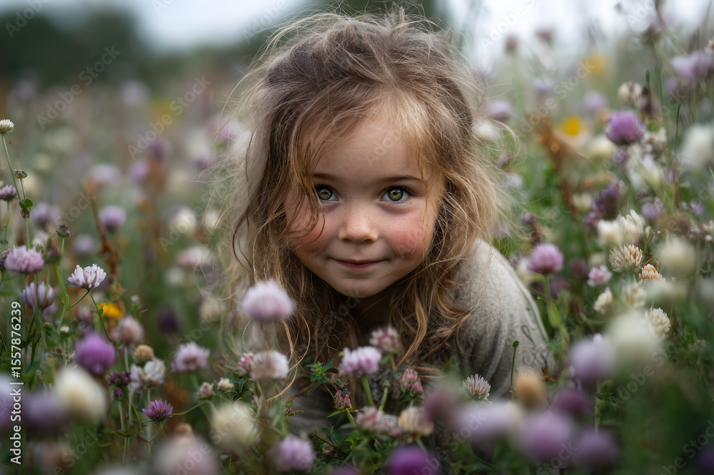 Smiling Child Among Purple and White Wildflowers Smiling Child Among Purple and White Wildflowers