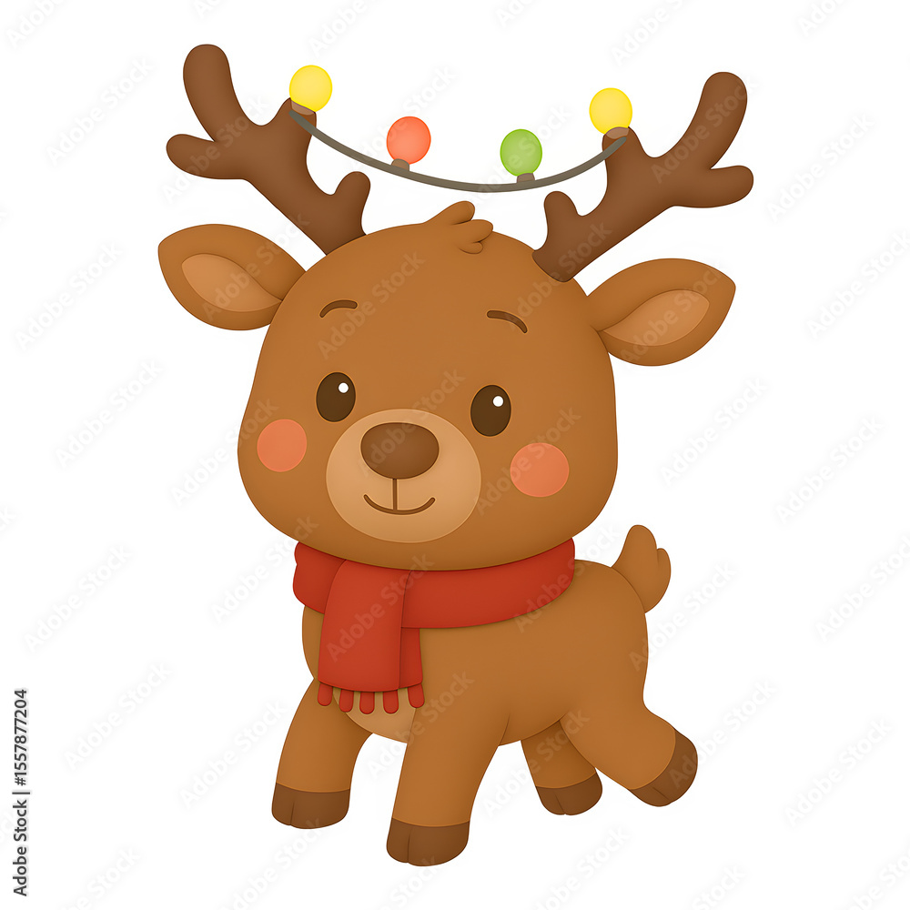 Cute cartoon reindeer with festive holiday lights and red scarf Transparent Background Cute cartoon reindeer with festive holiday lights and red scarf Transparent Background