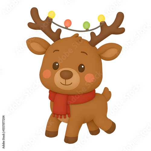 Cute cartoon reindeer with festive holiday lights and red scarf Transparent Background