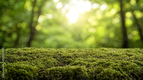 Mossy Forest Floor with Blurred Green Trees and Sunlight – Natural Backdrop for Product Display or Commercial Design