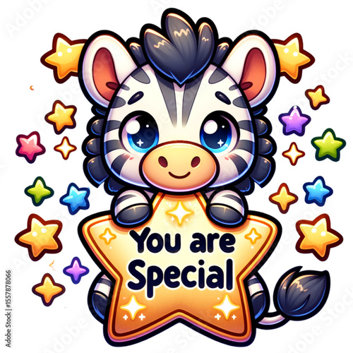 Starry-Eyed Affirmation: An adorable illustration of a zebra holding a star, spreading a message of positivity amidst a cascade of vibrant stars.