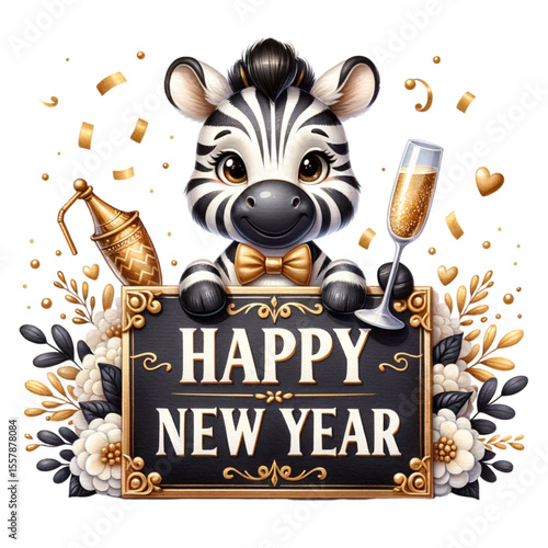 New Year's Celebration with Zebra: An adorable illustration, a whimsical zebra with a bowtie, raises a champagne flute, celebrating the joyous arrival of the new year.