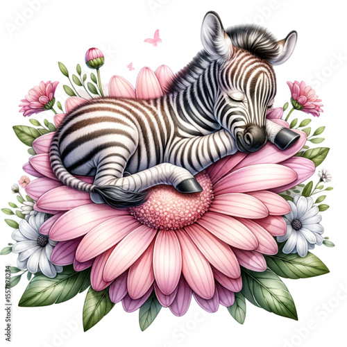 Sleeping Zebra Foal on Pink Flower: An adorable baby zebra foal peacefully sleeps on a giant pink flower, surrounded by other blossoms. The image is a whimsical digital illustration.