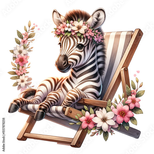 Zebra foal relaxing on a deck chair: An adorable baby zebra, wearing a flower crown, relaxes on a striped deck chair surrounded by beautiful flowers.