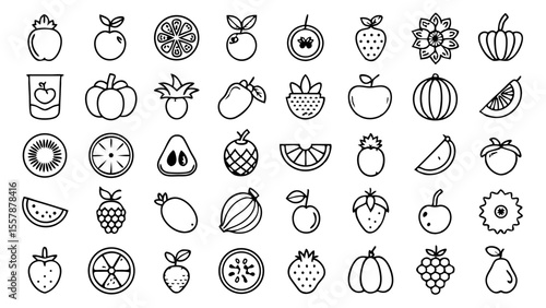 Collection of simple line art fruit icons and food symbols isolated on white background