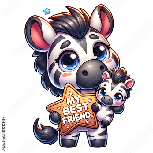 Friendship: A heartwarming illustration of an adorable zebra with her best friend, holding a wooden star-shaped sign that sweetly proclaims "My Best Friend.