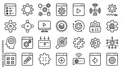 Collection of hand drawn outline icons representing settings gears and technology processes isolated on white background