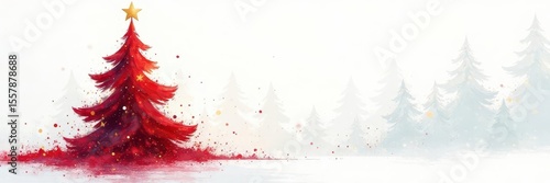 Abstract Christmas tree, bold brushstrokes, gold star, white background , trend, background, winter