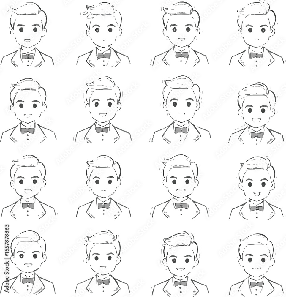 Illustration of a collection of simple line drawings depicting various male faces, isolated on white background Illustration of a collection of simple line drawings depicting various male faces, isolated on white background