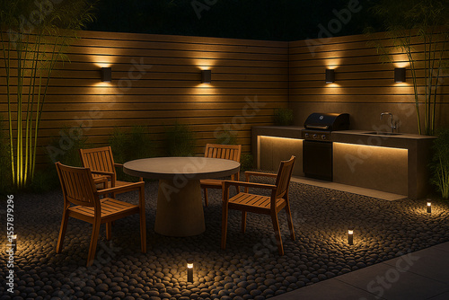 Modern minimalist backyard patio at night with teak chairs, round concrete table, built-in barbecue, long outdoor kitchen counter, river pebble flooring, bamboo privacy fence and warm LED wall sconces