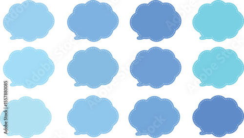 All the bubbles have a distinctive, rounded, cloud-like, or scalloped edge design. This vector image features twelve speech bubbles. Speech bubble with a white dashed line inside