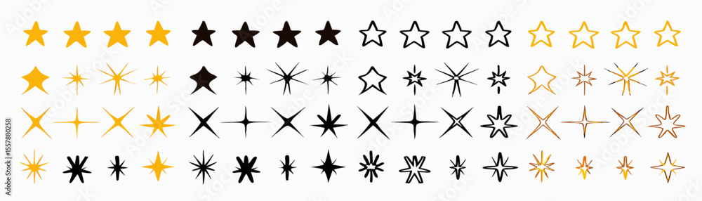 Illustration featuring a variety of star shapes in gold black and outline arrangements on a white backdrop created with generated ai Illustration featuring a variety of star shapes in gold black and outline arrangements on a white backdrop created with generated ai