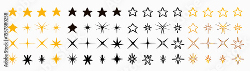 Illustration featuring a variety of star shapes in gold black and outline arrangements on a white backdrop created with generated ai