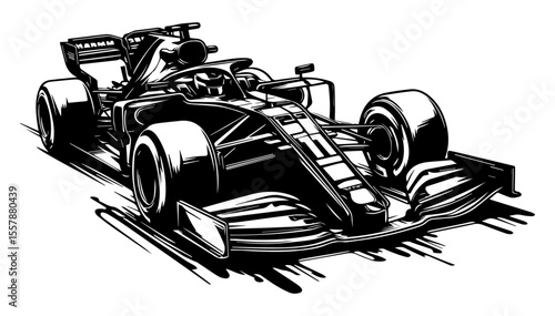 Black and white silhouette of a Formula one car on a white isolated background. Vector graphics. EPS.