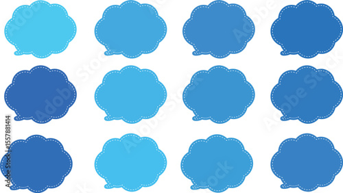 All the bubbles have a distinctive, rounded, cloud-like, or scalloped edge design. This vector image features twelve speech bubbles. Speech bubble with a white dashed line inside