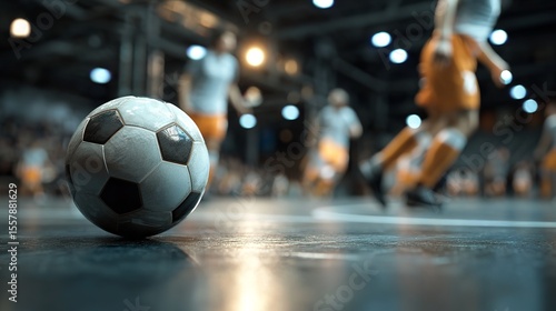 Indoor Soccer Match Close-up of Soccer Ball on Surface

