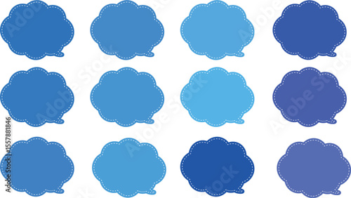 All the bubbles have a distinctive, rounded, cloud-like, or scalloped edge design. This vector image features twelve speech bubbles. Speech bubble with a white dashed line inside