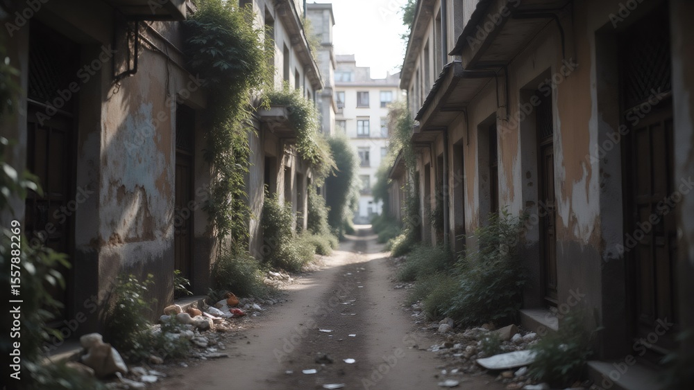 Desolate Alleyway with Overgrown Plants and Debris Desolate Alleyway with Overgrown Plants and Debris