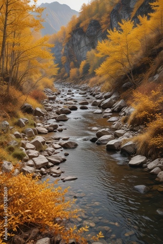 Crisp air, golden leaves drift on a small river, nestled in an autumn mountain valley , background, wonderful