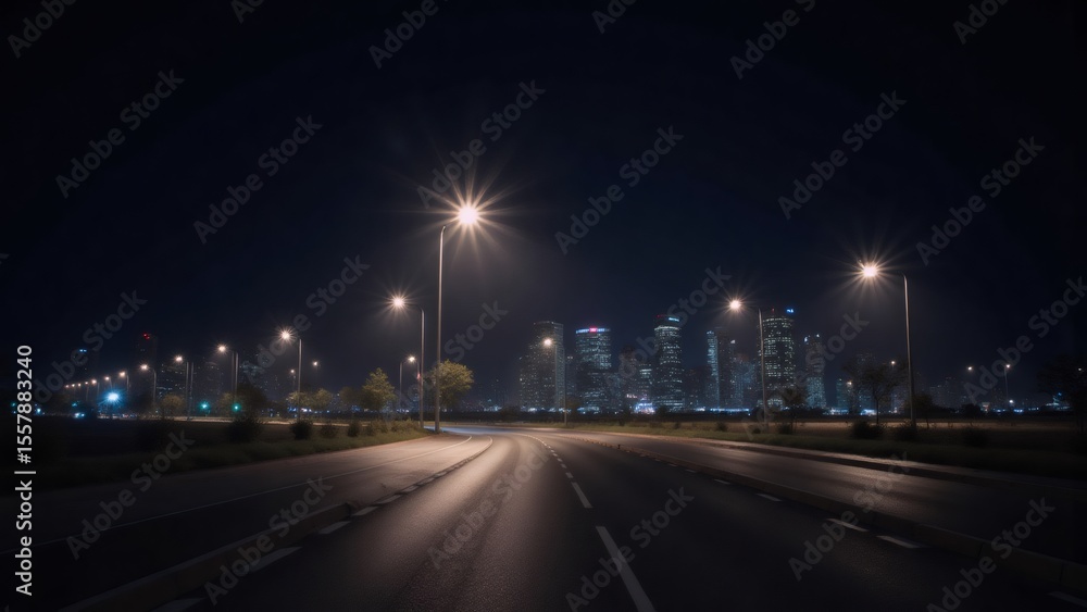 Night Cityscape with Empty Asphalt Road and Streetlights Night Cityscape with Empty Asphalt Road and Streetlights