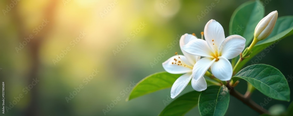 Fototapeta premium Delicate jasmine blossoms and leaves on vibrant backdrop , white, floral, isolated
