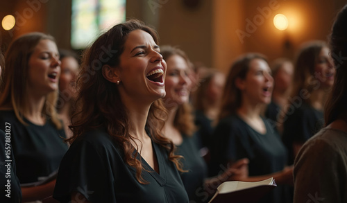 Female choir sings in church. Women sing with emotion, open mouths. Spiritual event. Beautiful church interior. Praise and worship religion theme. Joyful, happy faces, harmony and faith.