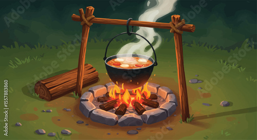 Campfire Cooking Pot with Steaming Soup Outdoors Illustration

