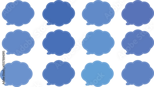 All the bubbles have a distinctive, rounded, cloud-like, or scalloped edge design. This vector image features twelve speech bubbles. Speech bubble with a white dashed line inside