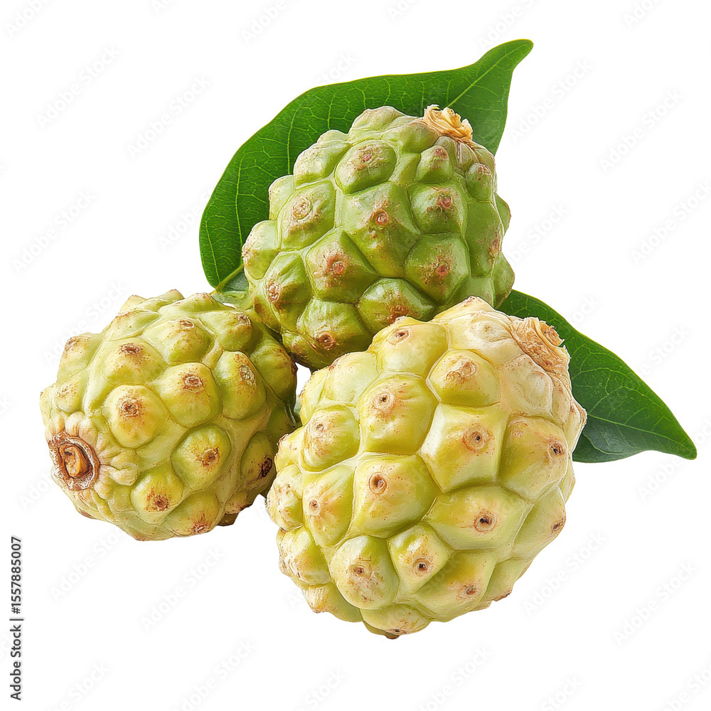 Fototapeta premium Non fruit with green leaves displayed on a clean Transparent background enhancing natural beauty and health benefits, Non fruit with leaf on PNG background