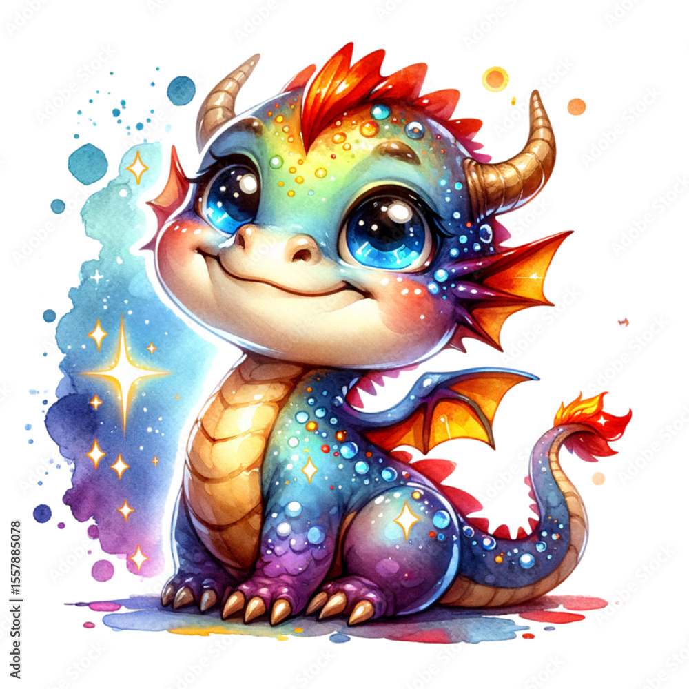 Cute Dragon Fantasy: A whimsical and enchanting watercolor illustration depicts a charming dragon with vibrant hues, captivating eyes, and a joyful smile. Cute Dragon Fantasy: A whimsical and enchanting watercolor illustration depicts a charming dragon with vibrant hues, captivating eyes, and a joyful smile.