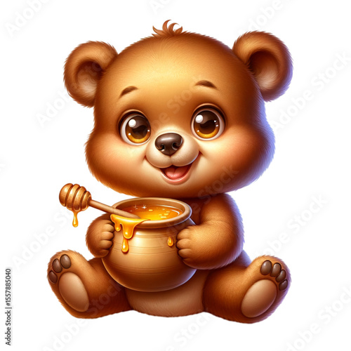 Cute Teddy Bear with Honey: A heartwarming illustration of a cuddly teddy bear, holding a pot of golden honey, evoking feelings of comfort, joy, and the sweet simplicity of childhood.