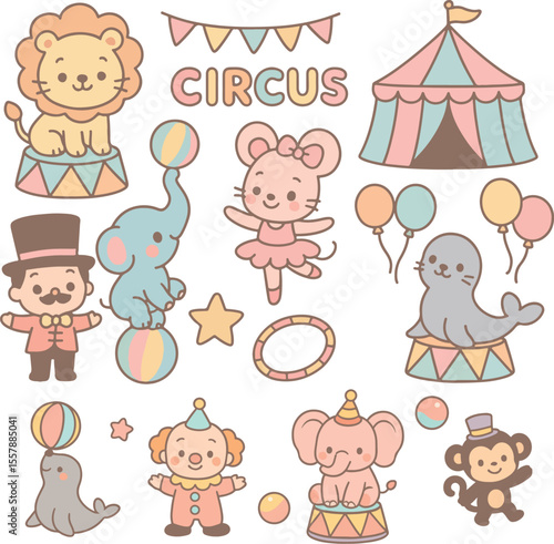Cute Circus Clipart Set – Pastel Kawaii Carnival Animals and Characters