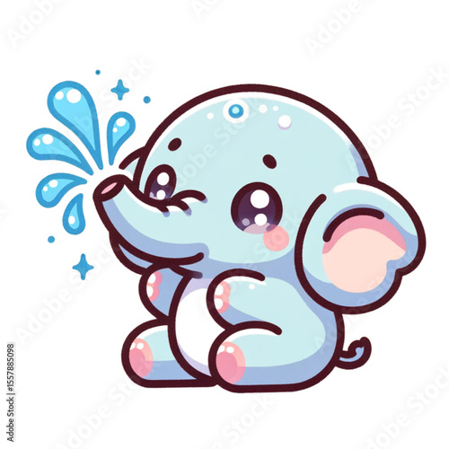 Playful Elephant Sprinkling Water: This charming illustration captures a cute baby elephant, its trunk playfully spouting water, emanating joy and vibrancy with lively appeal.