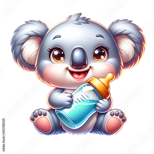 Adorable Koala Holding Bottle: a cute koala holds a bottle with a baby bottle and the cute koala is adorable with lovely eyes, bringing out a sense of caring and tender.