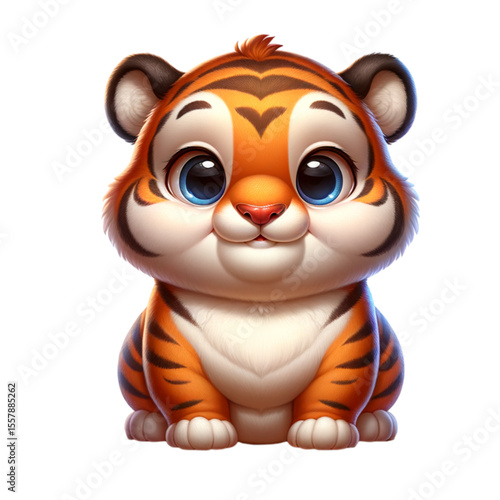 Chubby Tiger Cub: A charming illustration of a delightful tiger cub, radiating an irresistible charm and cuddly appeal, showcasing its striking orange and black stripes and endearing.