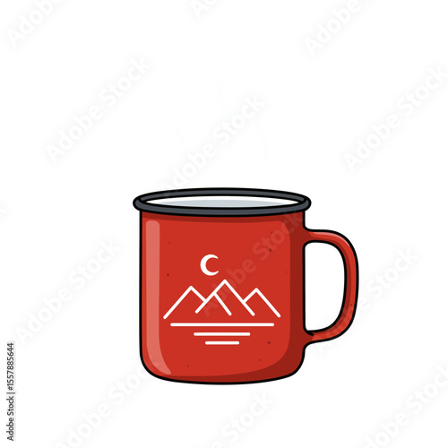 A red enamel mug with a mountain logo
