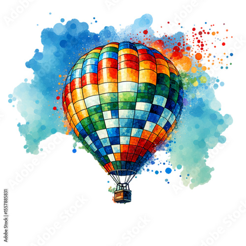 Colorful Hot Air Balloon's Watercolor Flight: A vibrant watercolor illustration showcases a hot air balloon soaring through a blue sky, a symbol of adventure and travel.