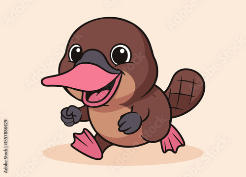 cute little platypus with big eyes running and smiling happy