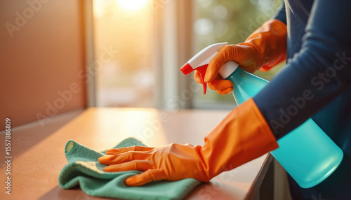 Wallpaper Mural Woman hand in orange gloves with microfiber cloth wipes surface using sterilizing solution. Cleaning disinfection for good hygiene, care about cleanliness in office home. Protect against viruses, Torontodigital.ca