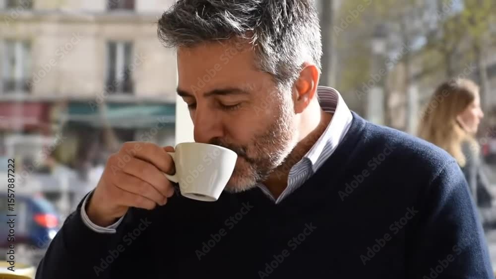 Man with gray hair and beard drinking coffee from a white cup at an outdoor cafe area Man with gray hair and beard drinking coffee from a white cup at an outdoor cafe area