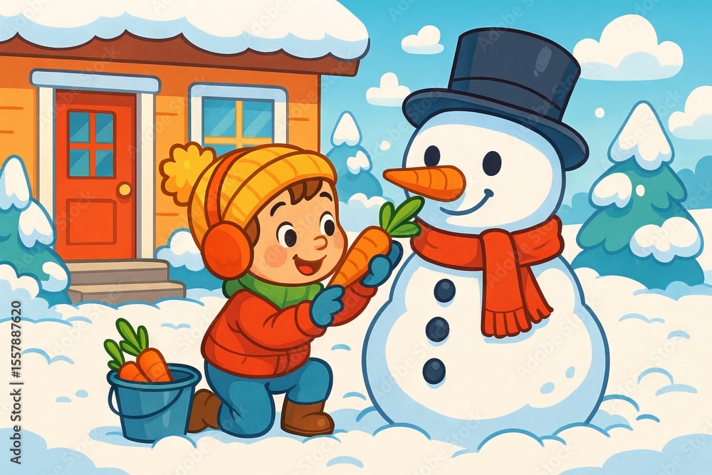 Naklejka premium Young boy building a snowman with carrot nose in winter wonderland. concept of children's winter fun, outdoor activity, snow play