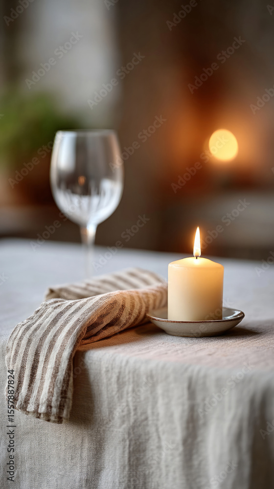 Elegant still life with candle and wine glass on white linen tablecloth for cozy ambiance Elegant still life with candle and wine glass on white linen tablecloth for cozy ambiance