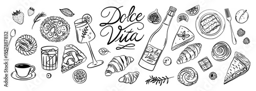 Hand drawn Italian food set with wine, pasta, pizza, seafood and desserts. Traditional cuisine elements with Dolce Vita lettering. Vintage ink sketch style for menu and packaging.