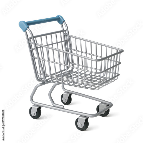 A metallic shopping cart with a blue handle Transparent Background