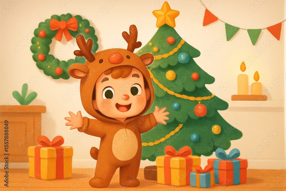 Naklejka premium Cute child dressed in reindeer costume celebrating christmas near festive tree and gifts in cozy living room. concept of holiday cheer, child's costume, christmas celebration