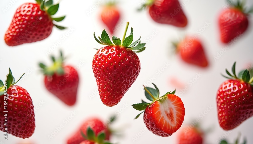 Red ripe strawberries levitate on white background. Juicy fresh berries with green leaves in the air. Healthy organic dessert ingredient. Concept of summer, diet, raw food, tasty. Red ripe strawberries levitate on white background. Juicy fresh berries with green leaves in the air. Healthy organic dessert ingredient. Concept of summer, diet, raw food, tasty.