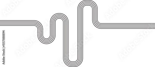 Abstract shape formed by intertwined curved paths defined by five concentric and evenly spaced parallel line contours.