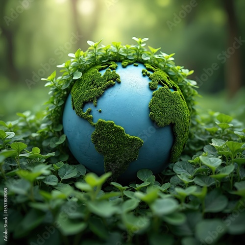 Fototapeta Naklejka Na Ścianę i Meble -  Globe earth planet covered with green eco moss. Fresh green leaves surround planet. Protect planet, environmental concept, ecology, climate change. Green world, eco-friendly, earth day,